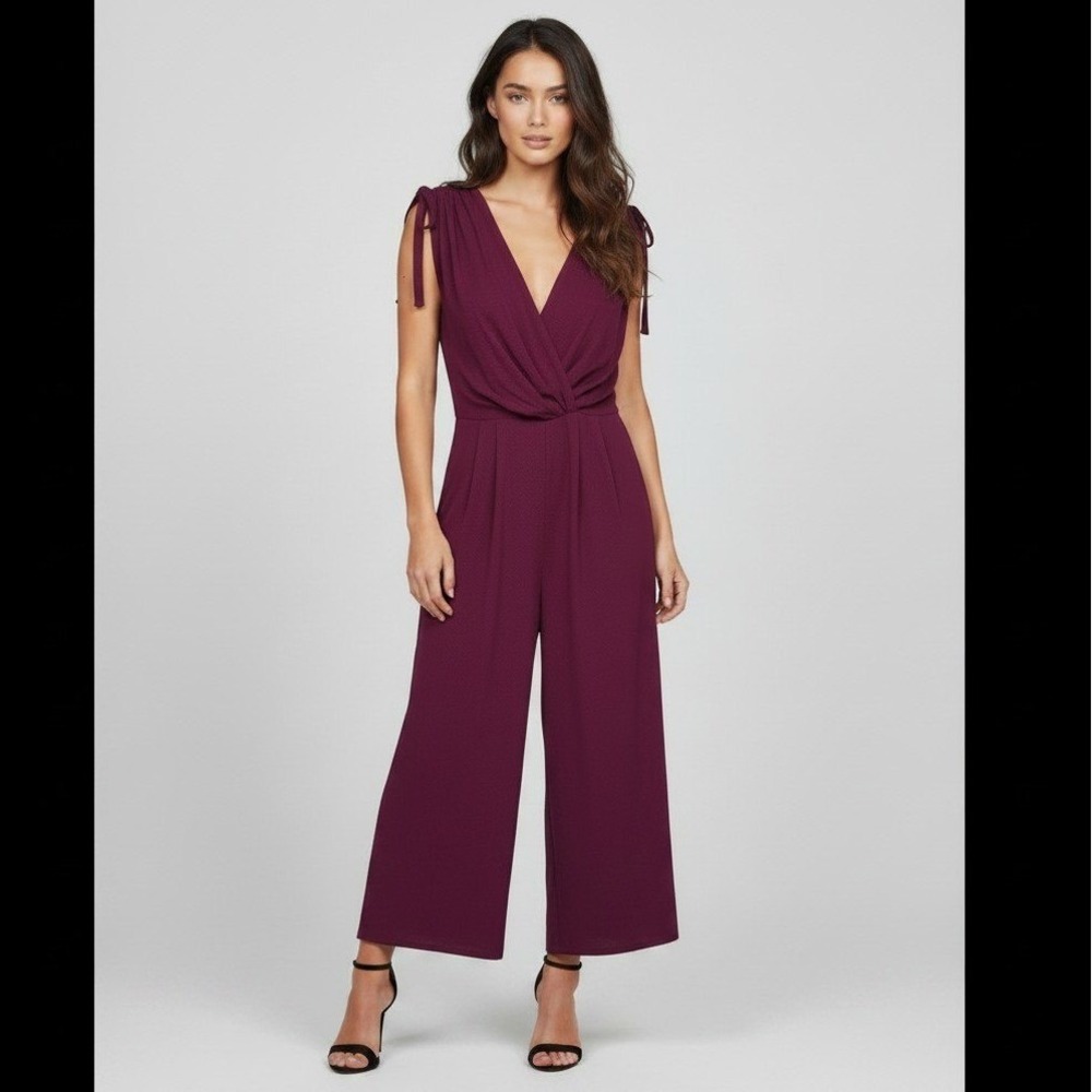 Gal Meets Glam Burgundy Clip Dot‎ Knot Front Wide Leg Jumpsuit Size 6 Sleeveless
